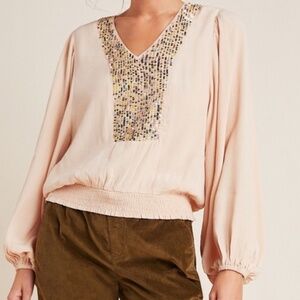 Maeve by Anthropologie Kristie Sequined Peasant Blouse Size XS